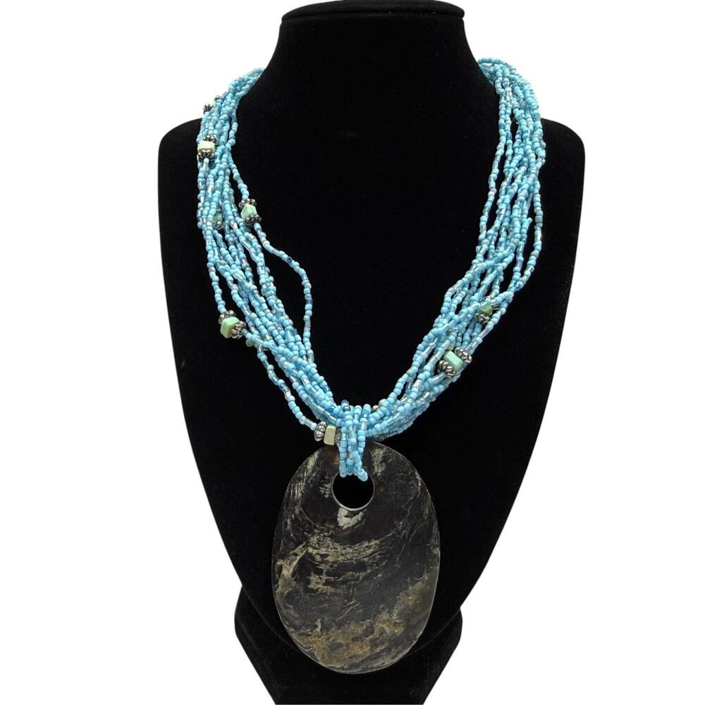 Multistrand Seed Bead Necklace with Large Oval Shell Pendant Blue Brown 18 in